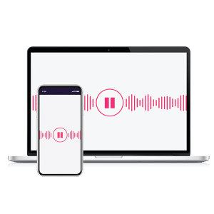 Photo of iPhone in front of lap top with a sound wave graphic and pause button on each device to illustrate that the device is listening