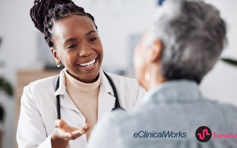 Female provider speaking with a patient and the eClinicalWorks and Suno.ai medical AI scribe logos
