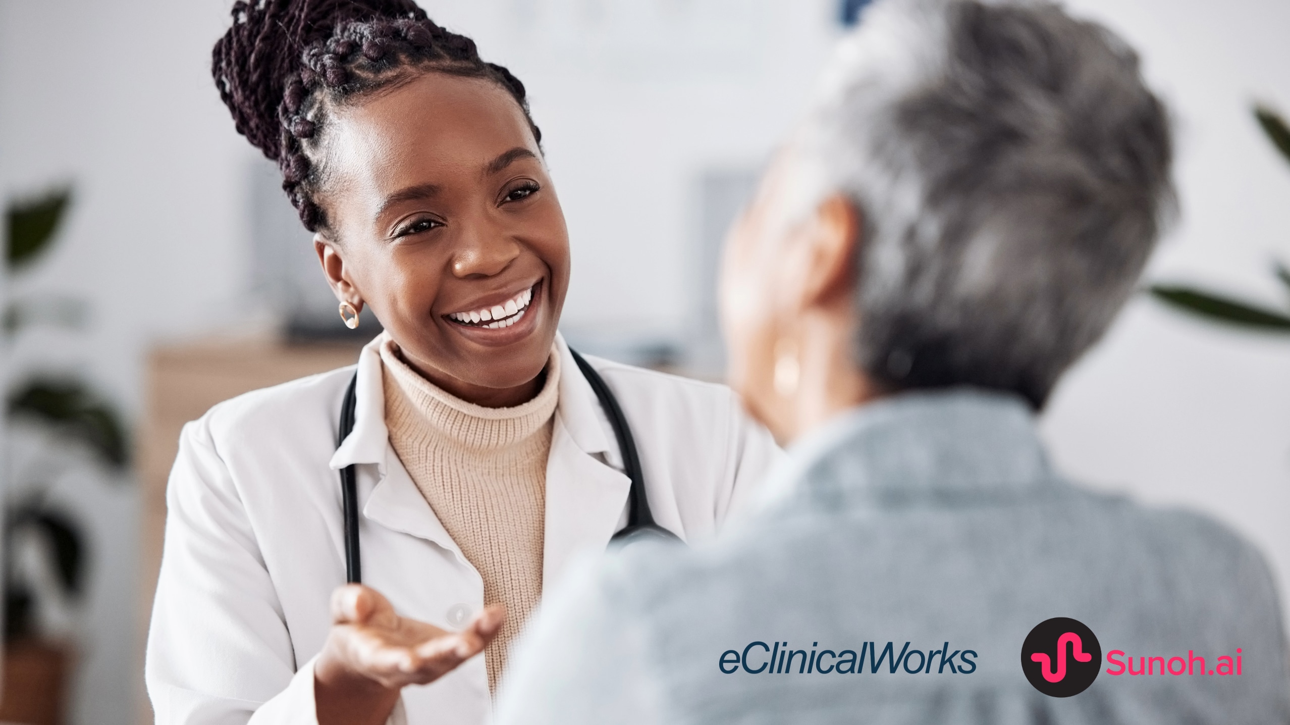 Female provider speaking with a patient and the eClinicalWorks and Suno.ai medical AI scribe logos