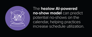 The healow AI-powered no-show model can predict potential no-shows on the calendar, helping practices increase schedule utilization.