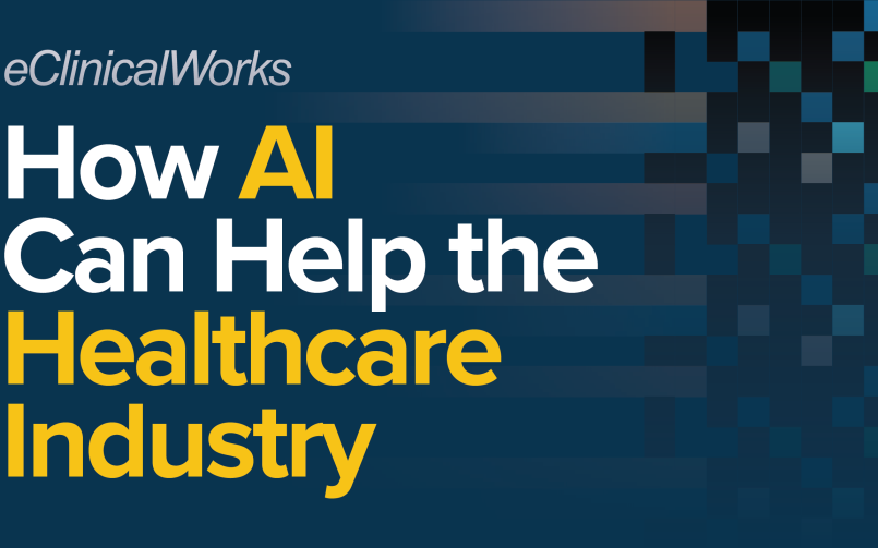 Graphic with the eClinicalWorks logo on top that reads How AI Can Help the Healthcare Industry and pixels on the right side