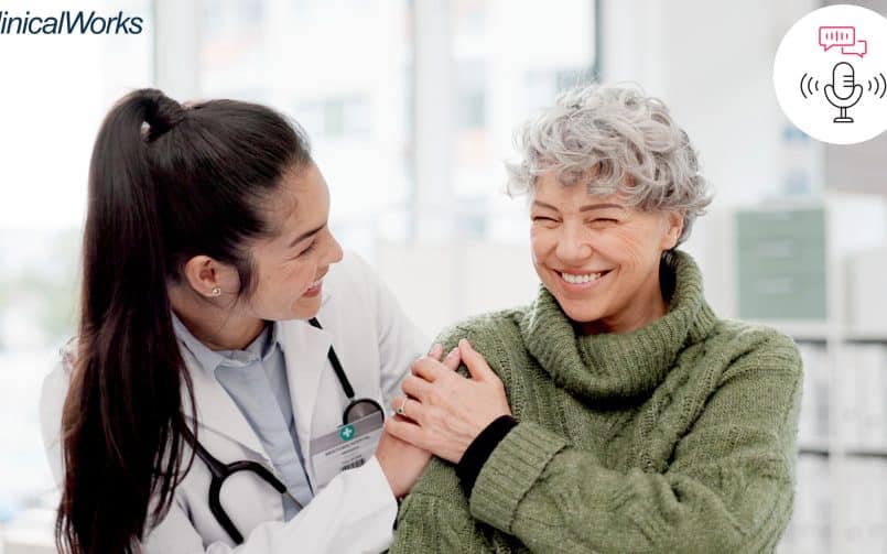 woman doctor and woman patient smiling together in office. Small microphone icon in white circle in top right circle of the photo.