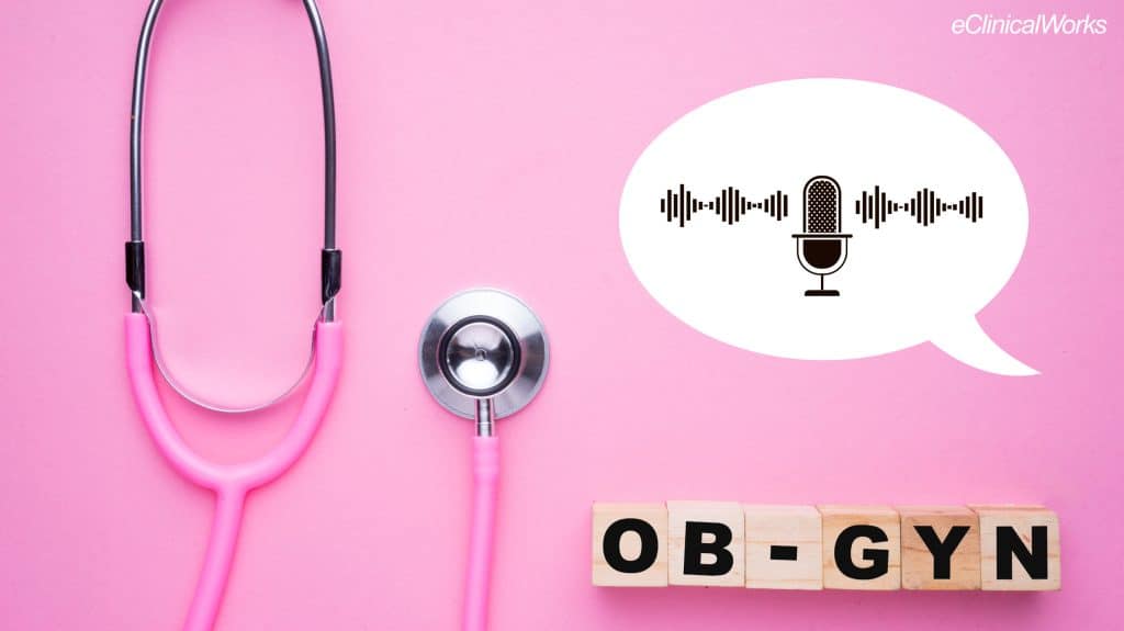 Pink background with pink stethoscope, and wooden blocks reading OB-GYN. A white cartoon speech bubble also shown with black microphone and sound waves inside.