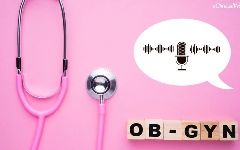 Pink background with pink stethoscope, and wooden blocks reading OB-GYN. A white cartoon speech bubble also shown with black microphone and sound waves inside.