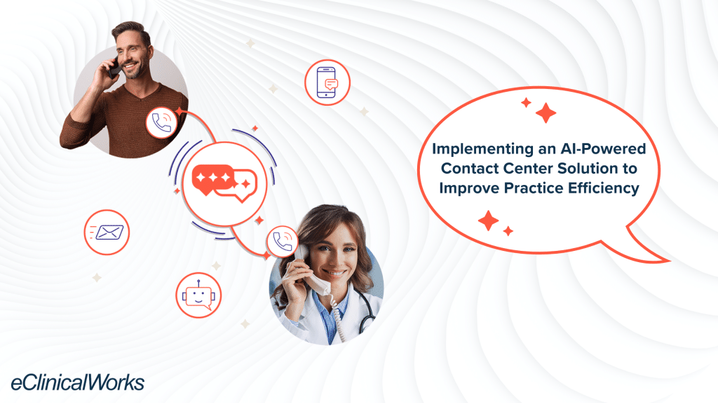 A doctor on the phone & on screen title reads Implementing an AI-Powered Contact Center Solution to Improve Practice Efficiency