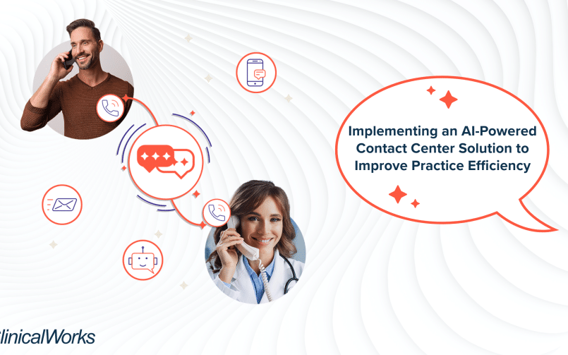 A doctor on the phone & on screen title reads Implementing an AI-Powered Contact Center Solution to Improve Practice Efficiency